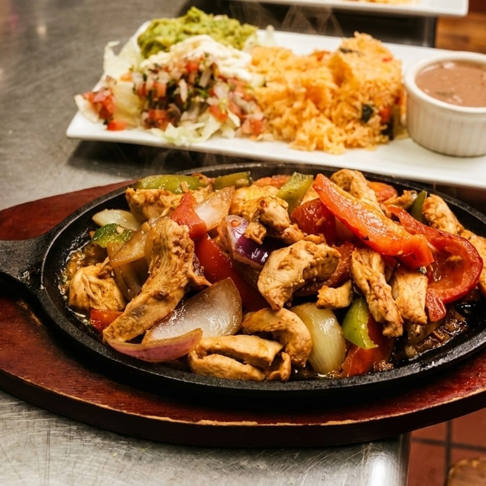 Sizzling chicken fajitas with bell peppers and onions in a cast iron skillet, with sides of rice and beans.