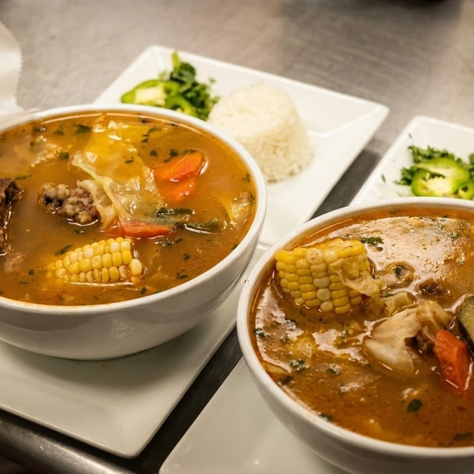 Two bowls of hearty beef and vegetable soup with corn, served with rice and tortillas.