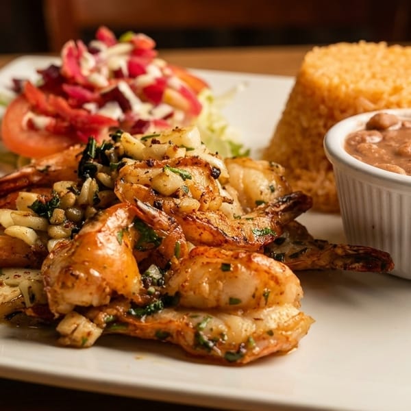 Grilled shrimp with rice, refried beans, and a fresh salad on a white plate.