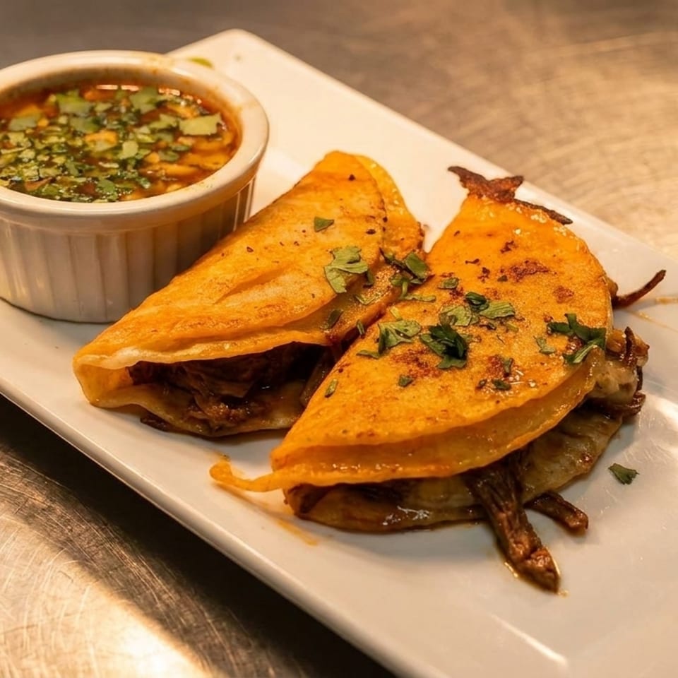Two golden-brown birria tacos with cilantro and a side of consommé on a white rectangular plate.