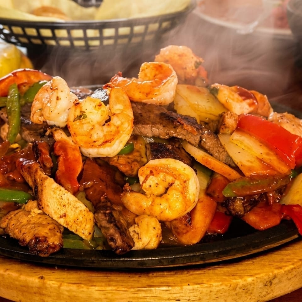 Sizzling fajitas with shrimp, steak, chicken, and colorful peppers on a cast iron skillet.