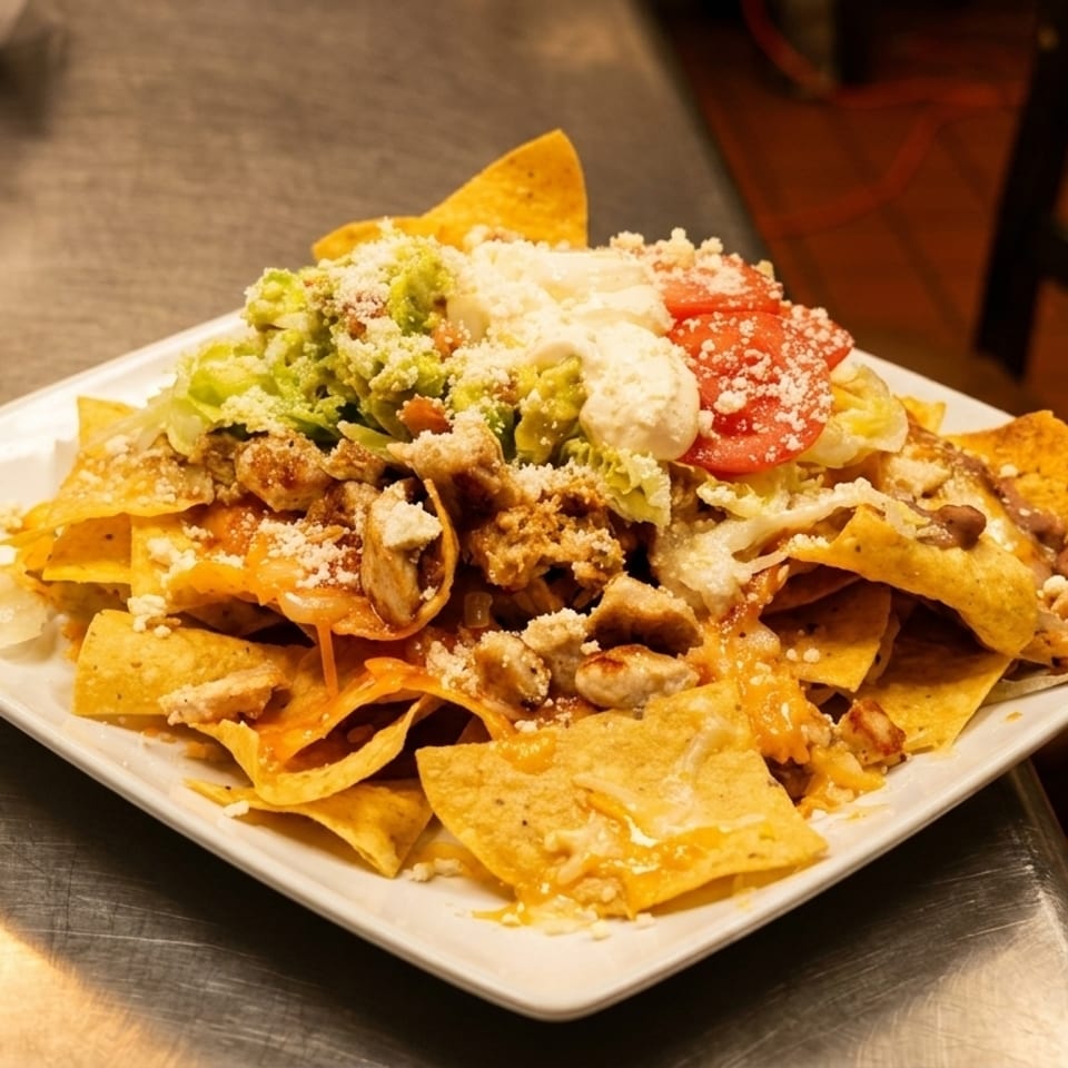 A plate of nachos topped with chicken, cheese, guacamole, sour cream, tomatoes, and lettuce.