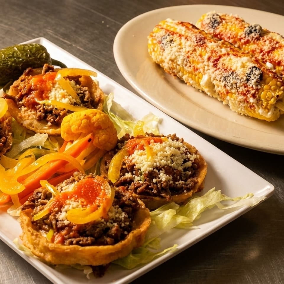 Savory sopes with meat and cheese, alongside two elotes on a plate.